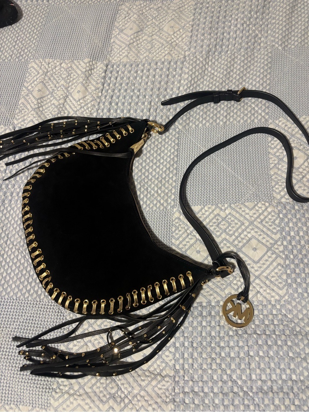 Michael Kors Riley Black Suede Fringe Whipstitch Hobo Crossbody Bag 30H4GRGL5S - Picture 2 of 8